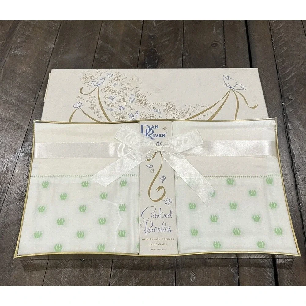 Vtg Dan River French Tulip Combed Percales 2 Pillowcase Set‎ Green White MCM 805